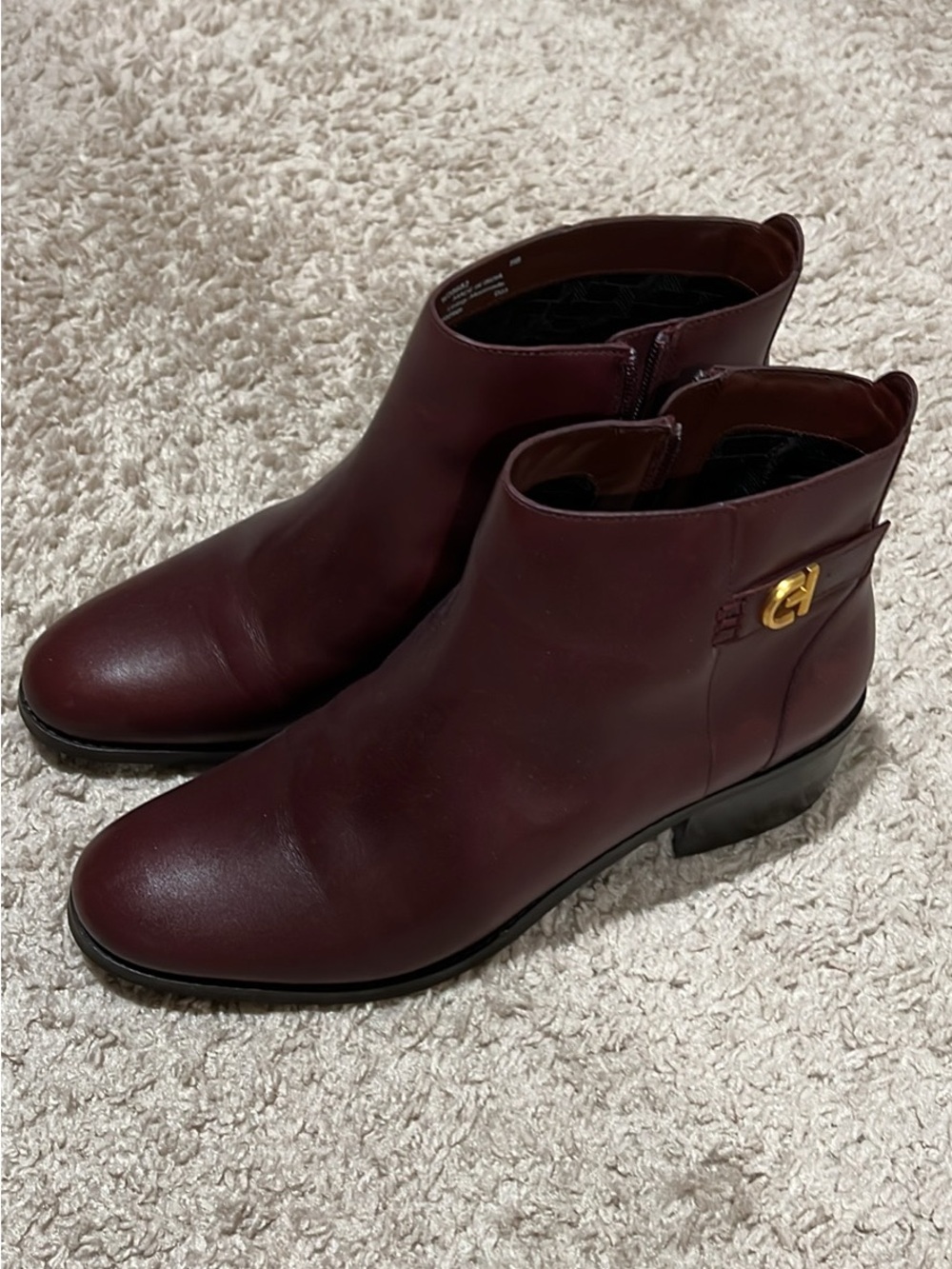Cole Haan Women's Burgundy Leather Ankle Booties with Gold Accent